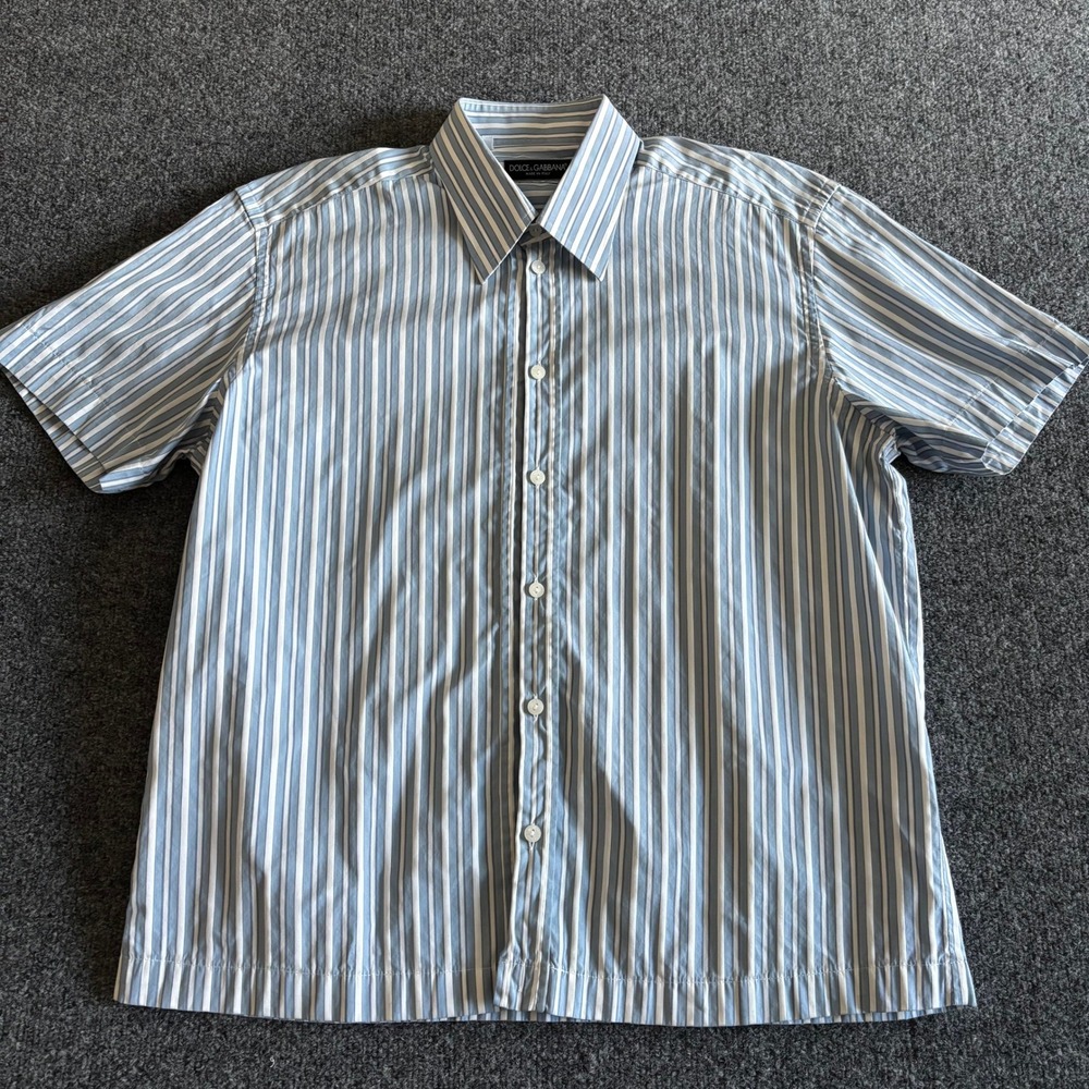 Dolce & Gabbana Mens Blue White Striped Short Sleeve Button Down Shirt 16.5 42